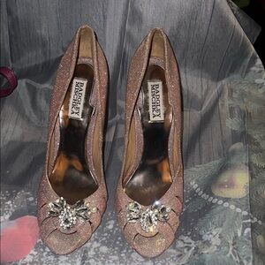 Badgley Mischka Rose Gold Embellished Peep-Toe Heels preowner